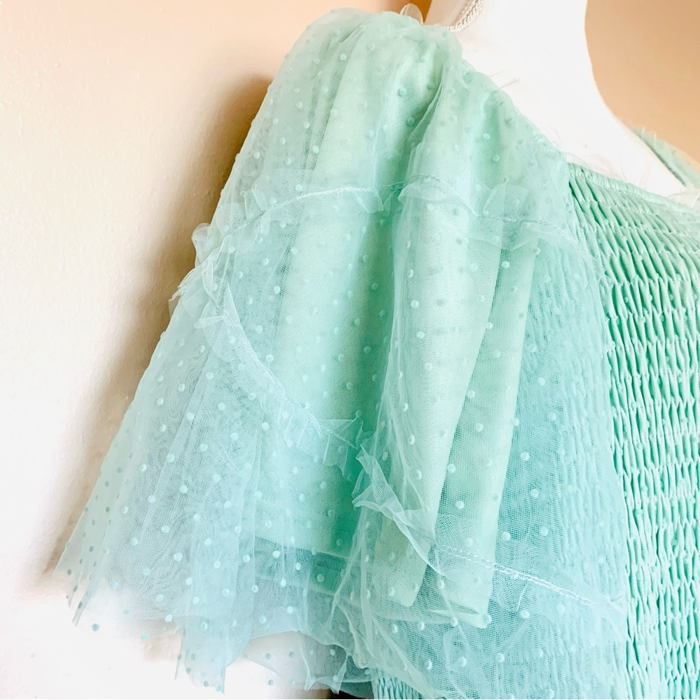 Polagram Mint Green Tulle Swiss Dot Smocked Tiered Dress. - Picture 4 of 16